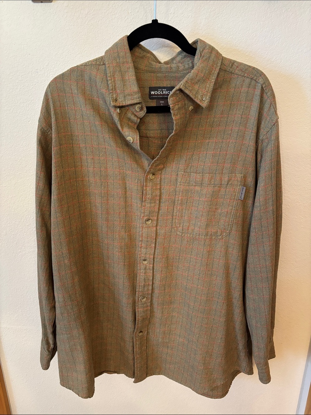 Woolrich Men's Olive and Rust Plaid Button-Down Shirt